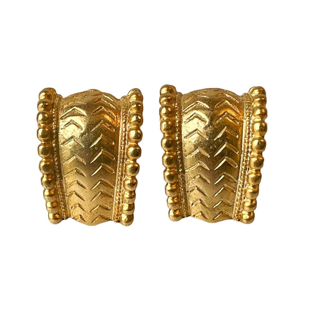 1990s Matte Embossed Gold Plate Demi Half Hoop Geometric Pattern Clip Earrings